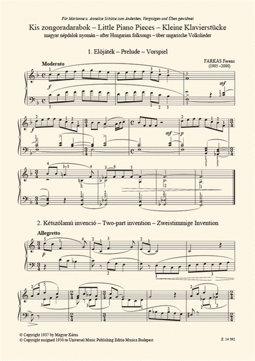 Kleine Klavierstücke nach ungarischen Volkslieder
