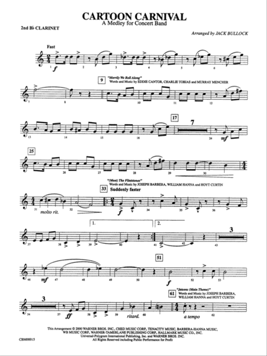 Cartoon Carnival (Medley): 2nd B-flat Clarinet Concert Band scores gallery preview page 1