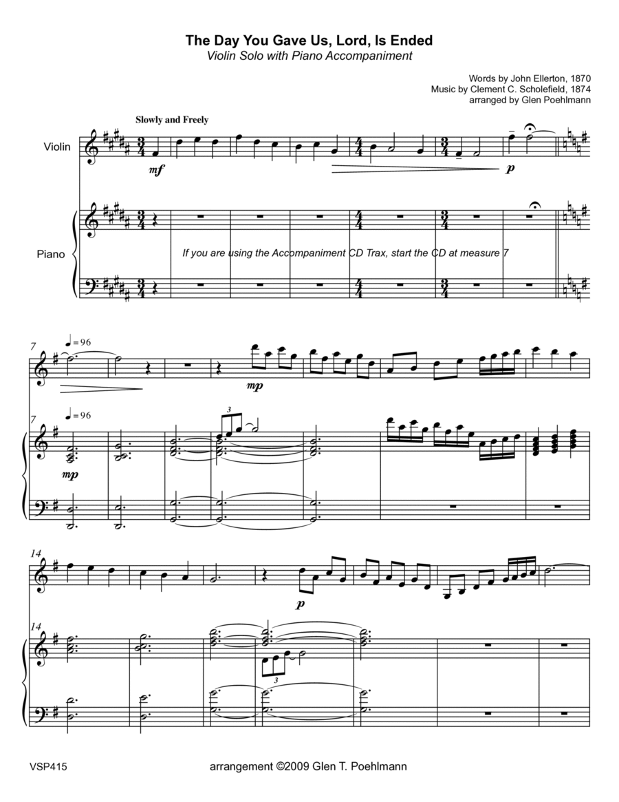 THE DAY YOU GAVE US, LORD, IS ENDED - Violin Solo with Piano Accompaniment Violin Solo scores gallery preview page 1
