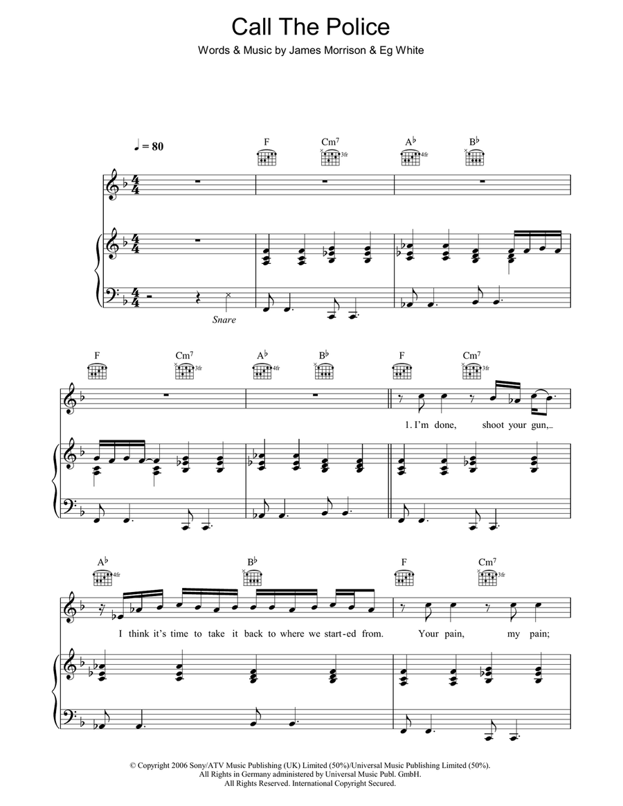 Call The Police Piano, Vocal, Guitar scores gallery preview page 1