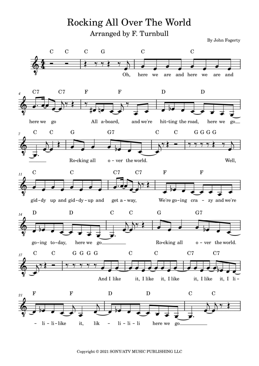 Rocking All Over The World Piano, Vocal, Guitar scores gallery preview page 1