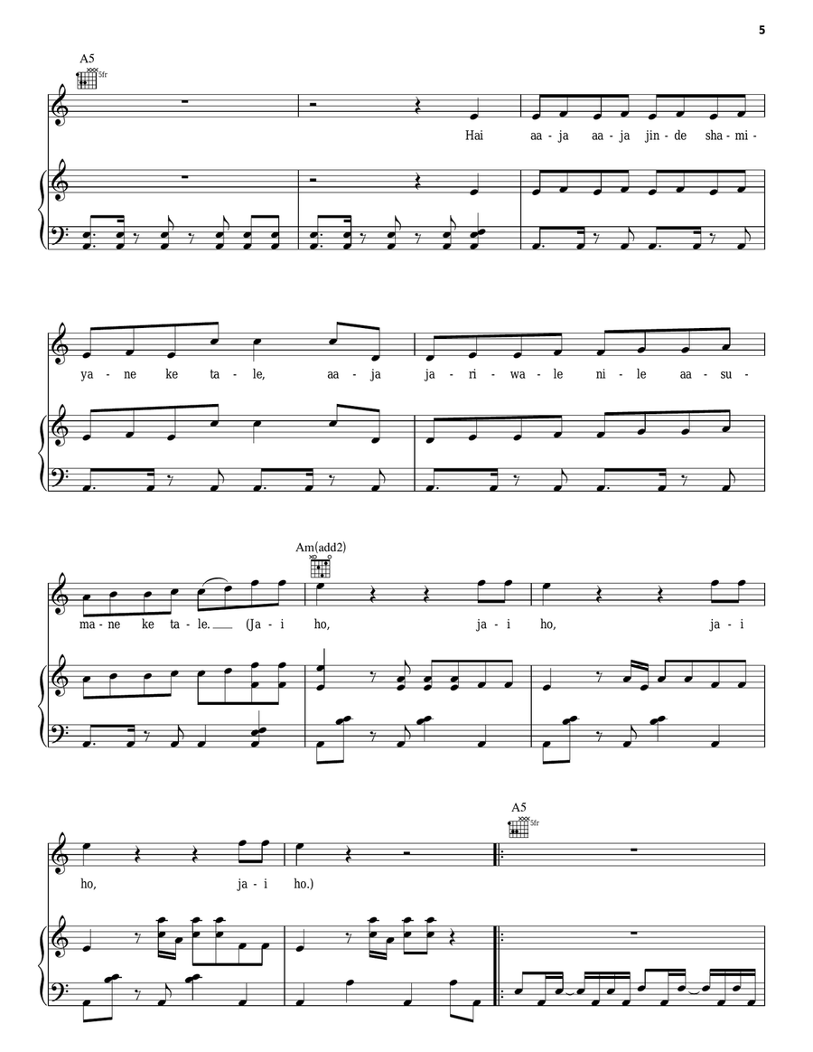 Jai Ho Piano, Vocal, Guitar scores gallery preview page 5