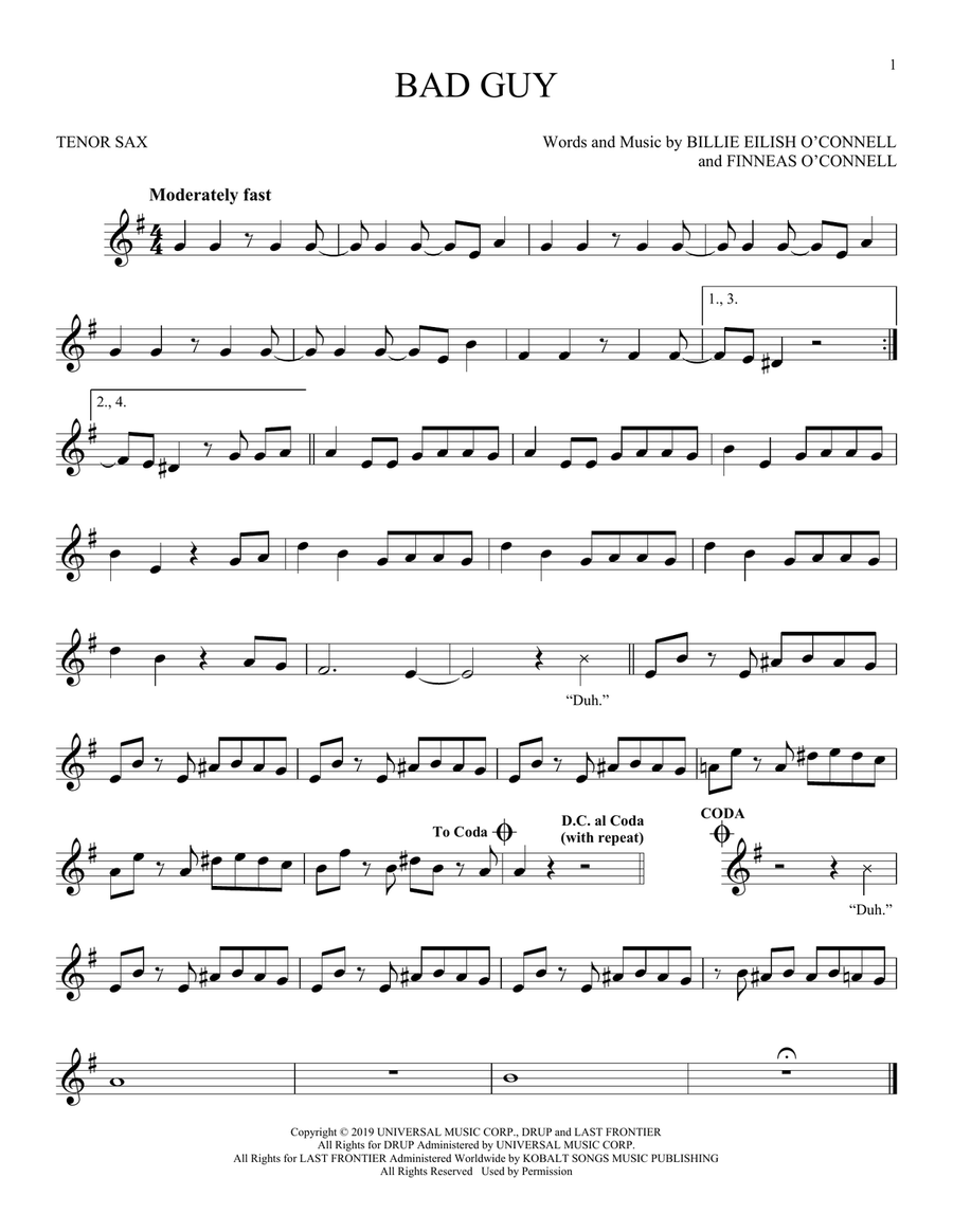 bad guy Tenor Saxophone scores gallery preview page 1