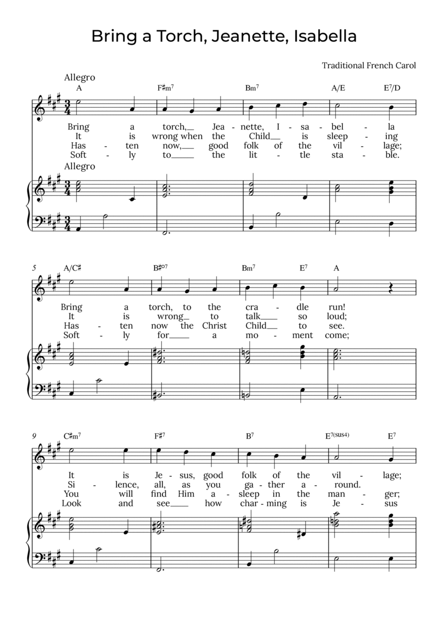 Bring a Torch, Isabella - Sobrano with chords in A, Jeanette Soprano Voice scores gallery preview page 1
