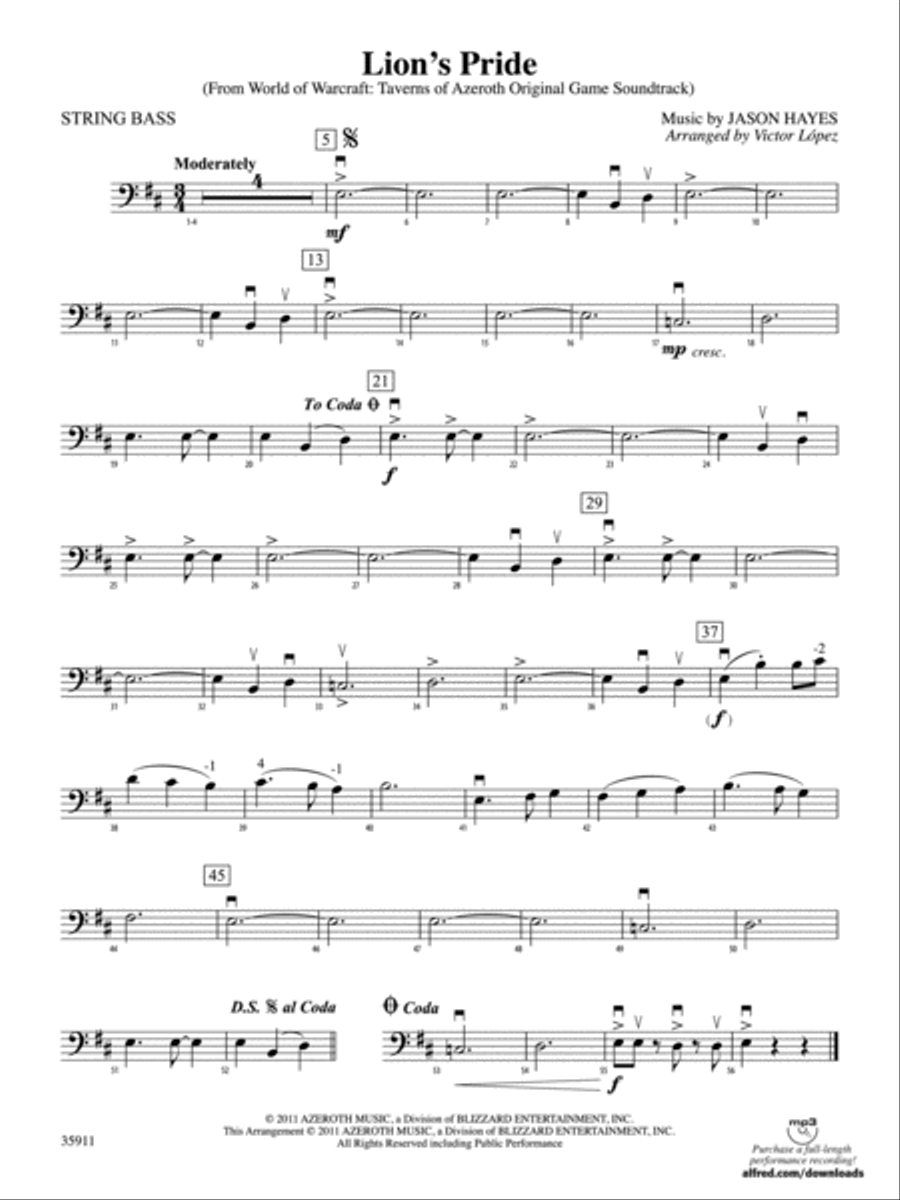 Lion’s Pride (from World of Warcraft: Taverns of Azeroth Original Game Soundtrack): String Bass String Orchestra scores gallery preview page 1