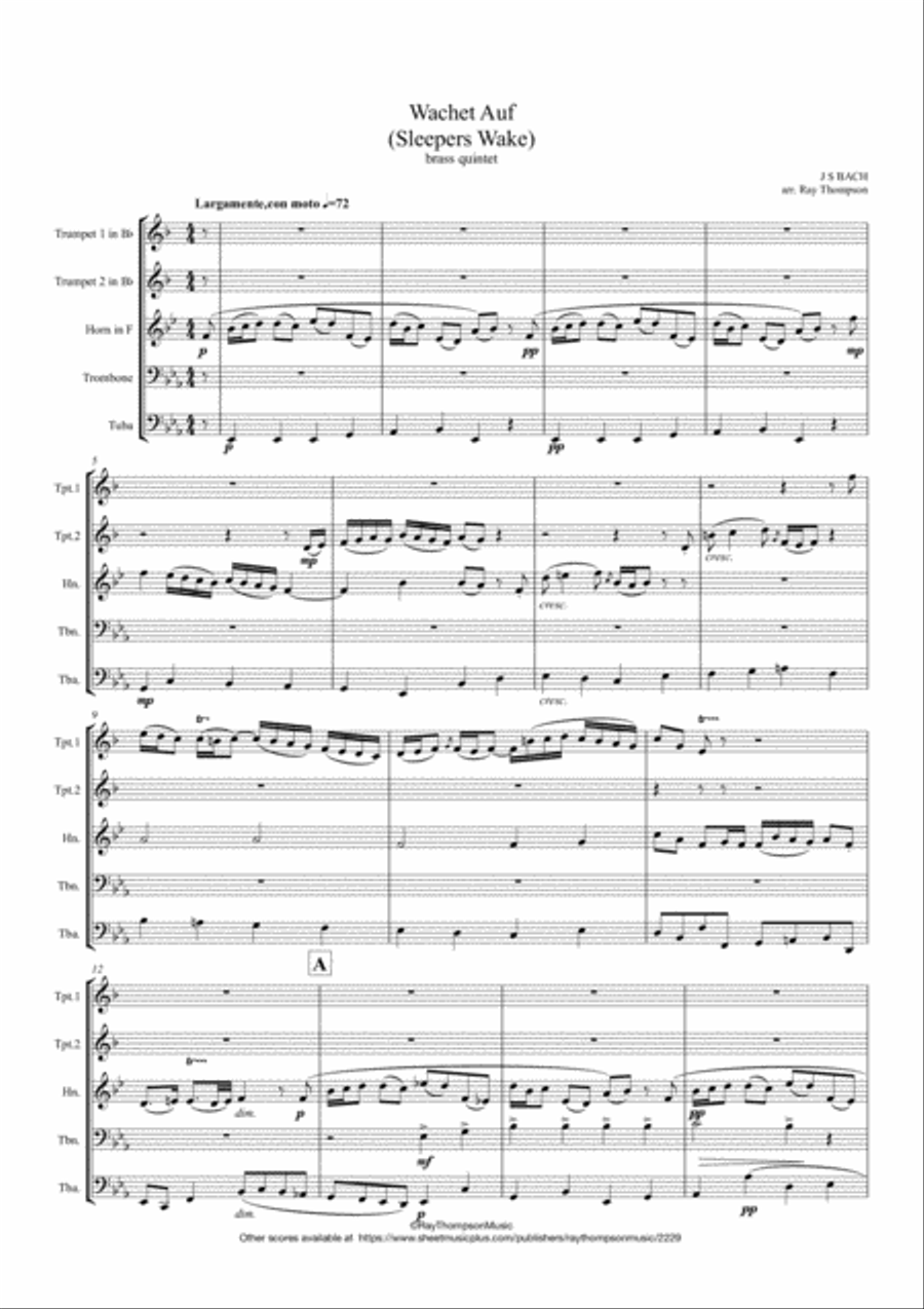 Bach: Wachet Auf (Sleepers Wake) from Cantata 140 - brass quintet Brass Quintet scores gallery preview page 1