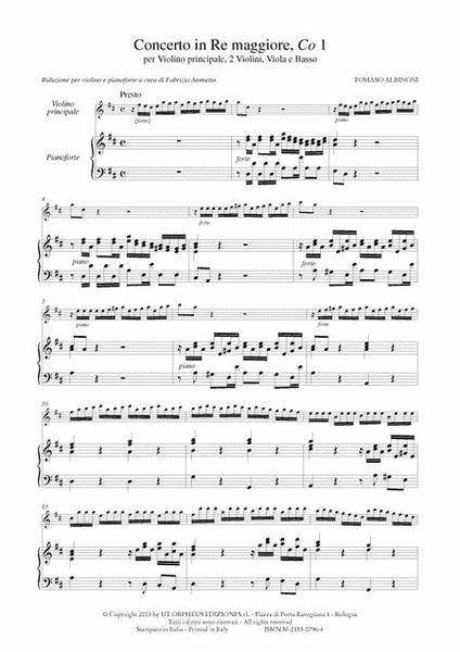 Violin Concertos without Opus Number for principal Violin, 2 Violins, Viola and Basso - Vol. 1: Concerto in D major, Co 1. Critical Edition