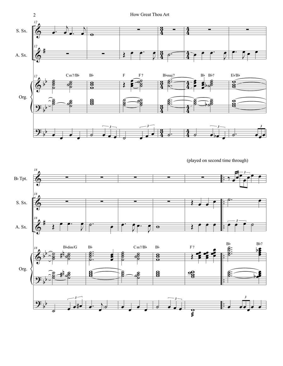 How Great Thou Art (Duet for Soprano & Alto Saxophone - Organ Accompaniment) Woodwind Duet scores gallery preview page 3