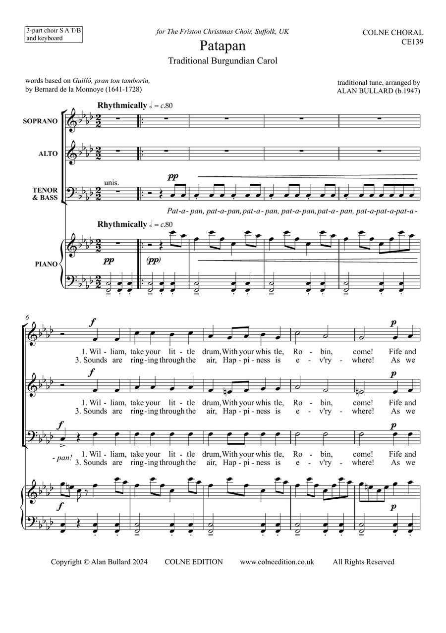 Patapan (traditional carol arranged for SABar and piano) 3-Part scores gallery preview page 2