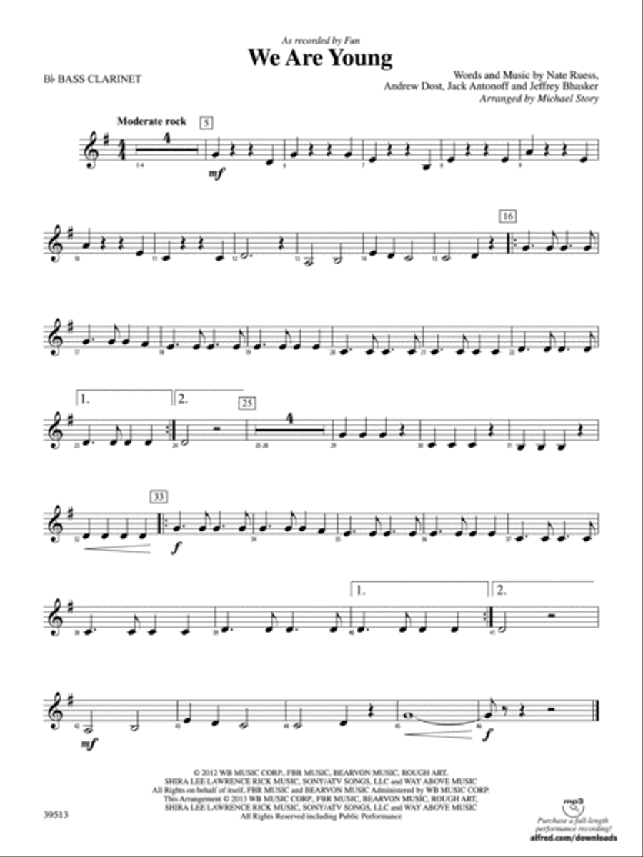 We Are Young: B-flat Bass Clarinet Concert Band scores gallery preview page 1