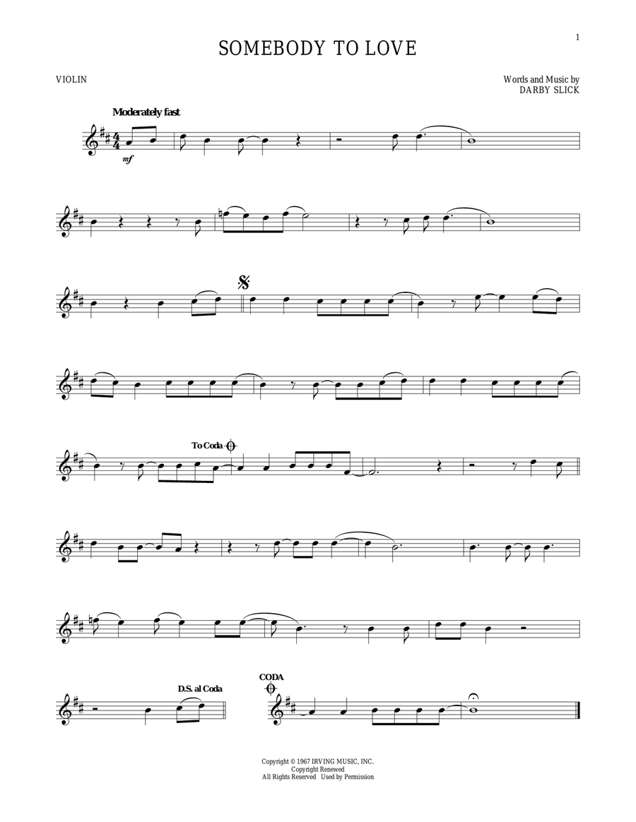 Somebody To Love Violin Solo scores gallery preview page 1