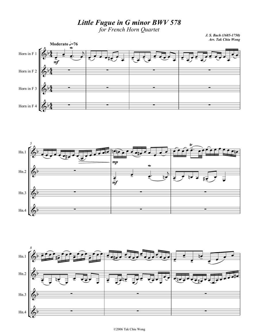 Little Fugue in G minor arranged for French Horn Quartet French Horn Quartet scores gallery preview page 2
