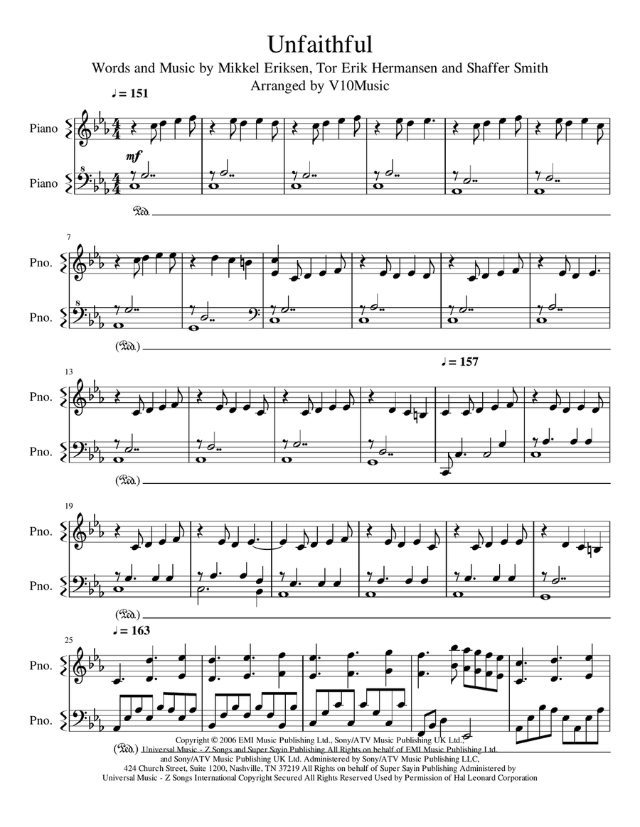 Unfaithful Piano Solo scores gallery preview page 1