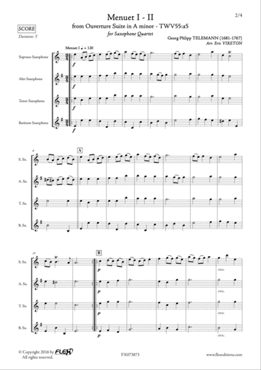 Menuet I - II from Ouverture Suite in A minor Saxophone Quartet scores gallery preview page 2
