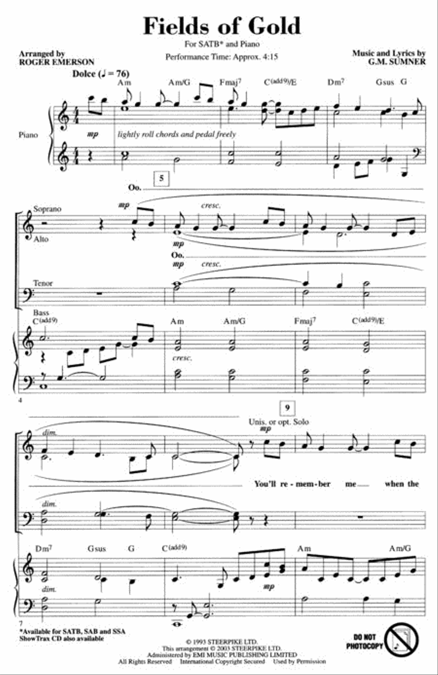 Fields of Gold Fields of Gold 4-Part scores gallery preview page 2