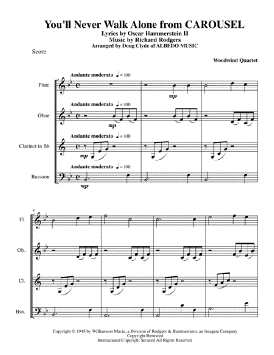 You'll Never Walk Alone Woodwind Quartet scores gallery preview page 1