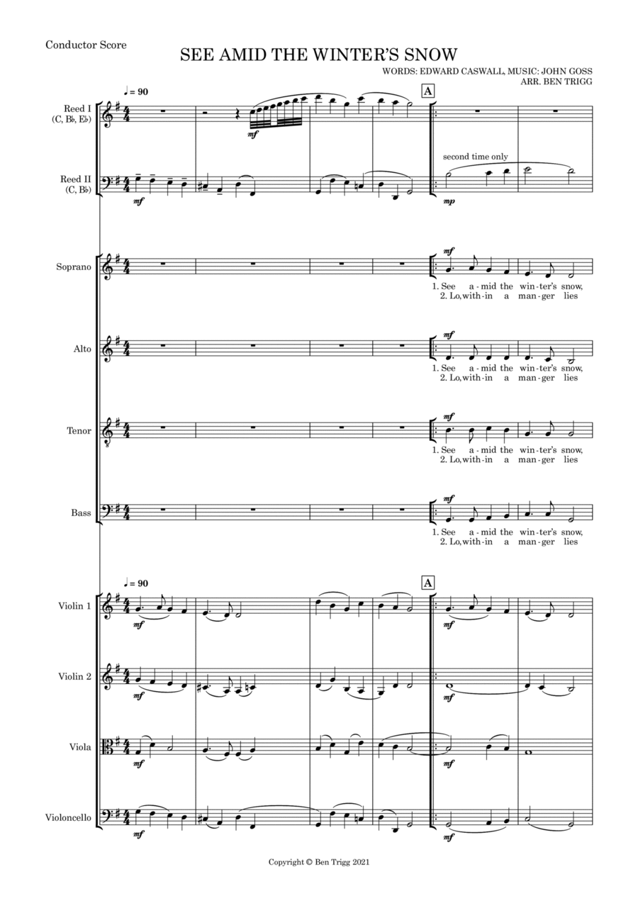 See Amid The Winter's Snow – SATB, String 4tet and flexible woodwind – Score and parts SATB scores gallery preview page 1