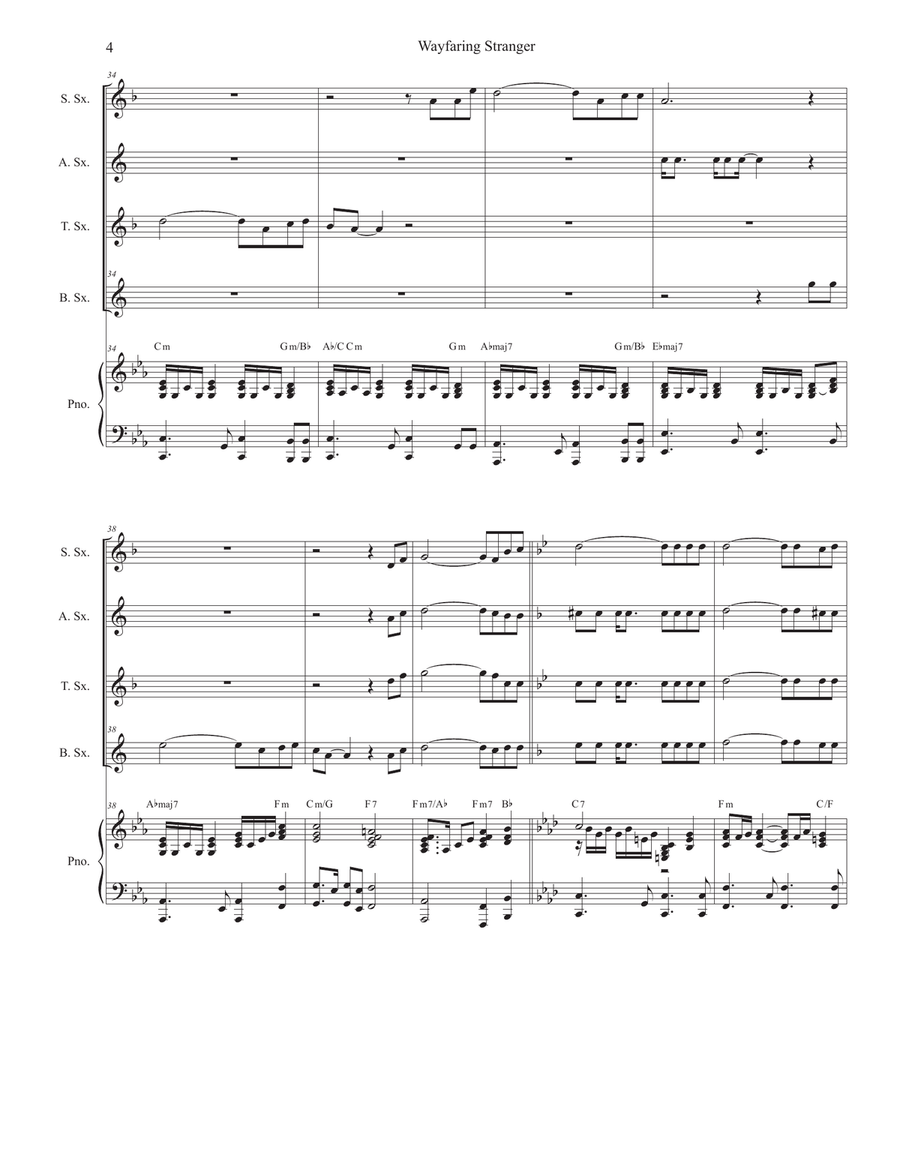 Wayfaring Stranger (Saxophone Quartet and Piano) Woodwind Ensemble scores gallery preview page 5