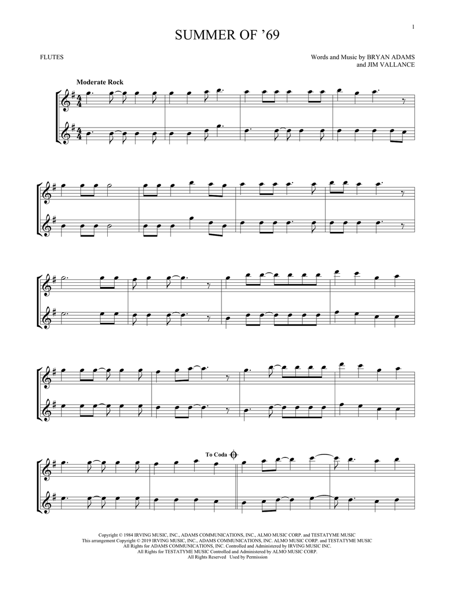 Summer Of '69 Summer Of '69 Flute Duet scores gallery preview page 1