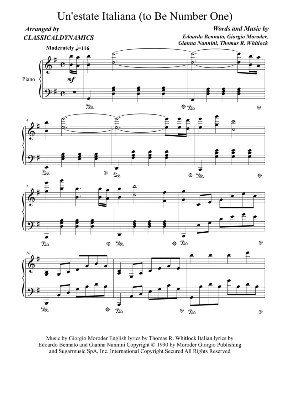 Un'estate Italiana (to Be Number One) Piano Solo scores gallery preview page 1