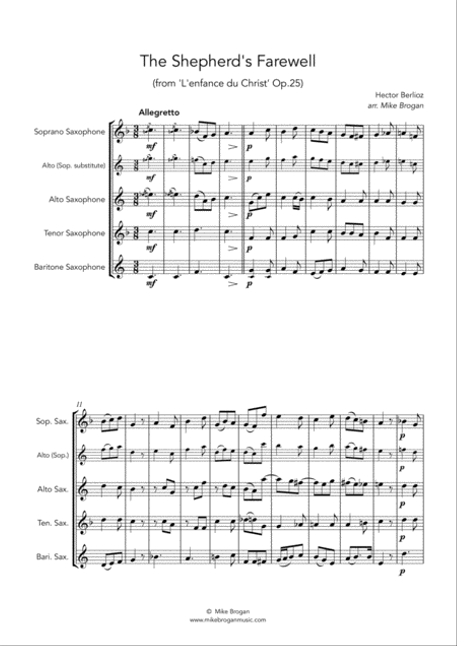 The Shepherd's Farewell, Berlioz - SATB or AATB saxophone quartet Saxophone Quartet scores gallery preview page 1
