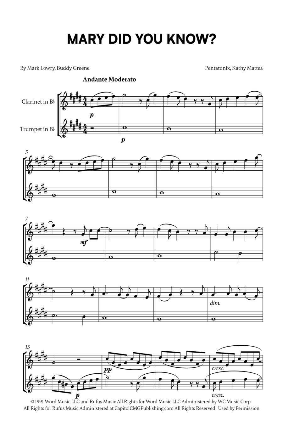 Mary, Did You Know? Mary, Did You Know? B-Flat Clarinet scores gallery preview page 1