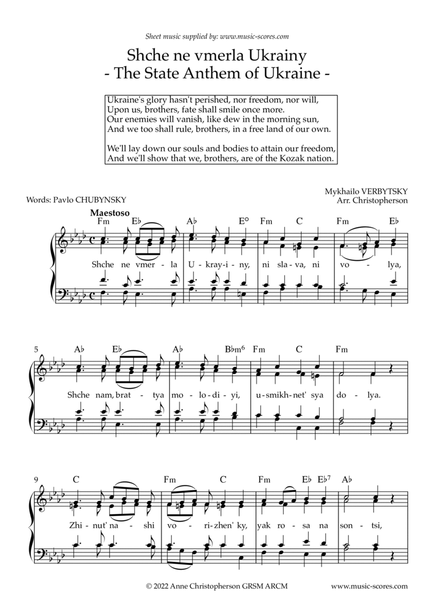 Shche ne verla Ukrainy: The State Anthem of Ukraine - Voice and Piano. image number null