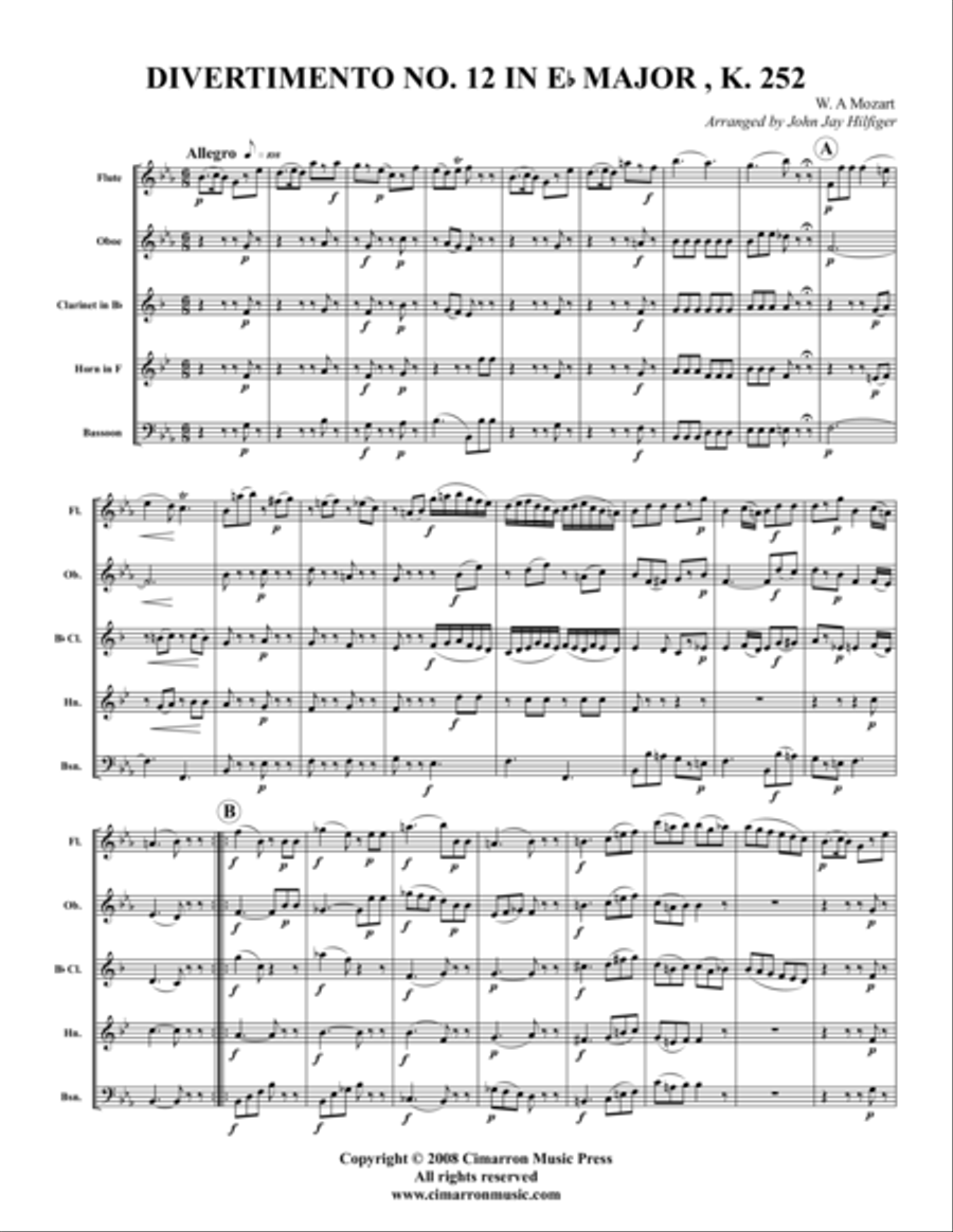 Divertimento No. 12 in Eb, K. 252 Woodwind Quintet scores gallery preview page 1