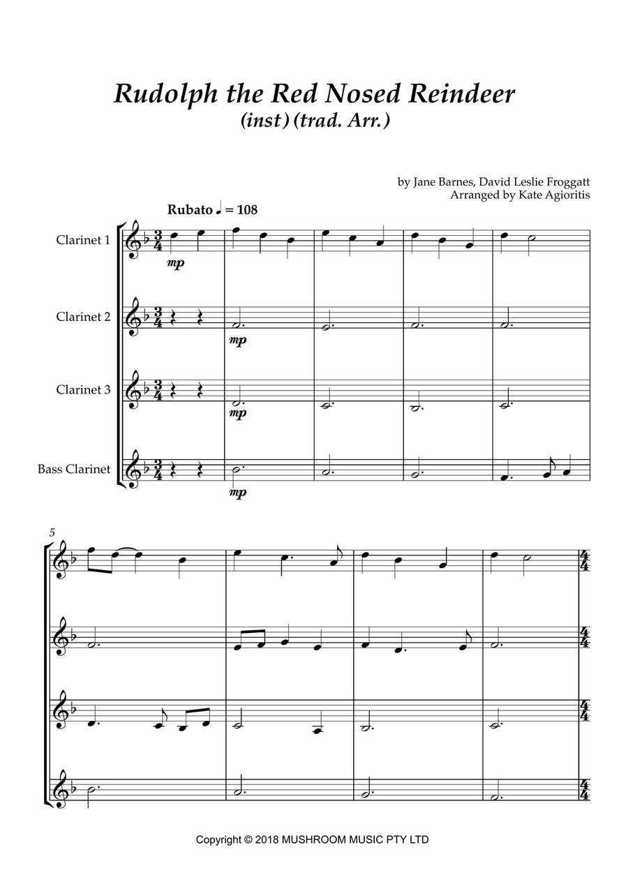 Rudolph The Red-nosed Reindeer Clarinet Quartet scores gallery preview page 2
