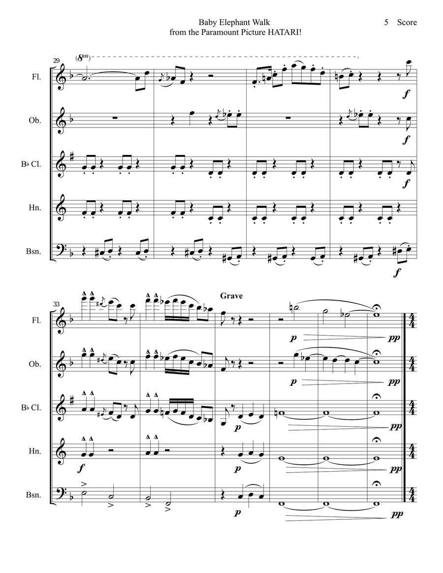 Baby Elephant Walk from the Paramount Picture HATARI! Woodwind Quintet scores gallery preview page 6
