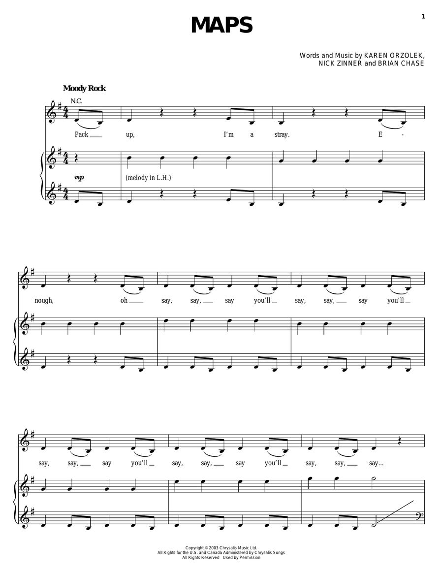 Maps Maps Piano, Vocal, Guitar scores gallery preview page 1