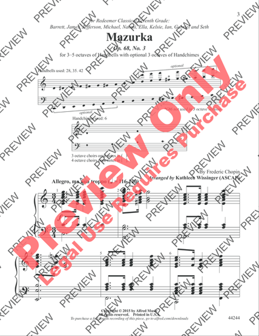 Mazurka, Opus 68, No. 3 Mazurka, Opus 68, No. 3 Handbell Choir scores gallery preview page 3
