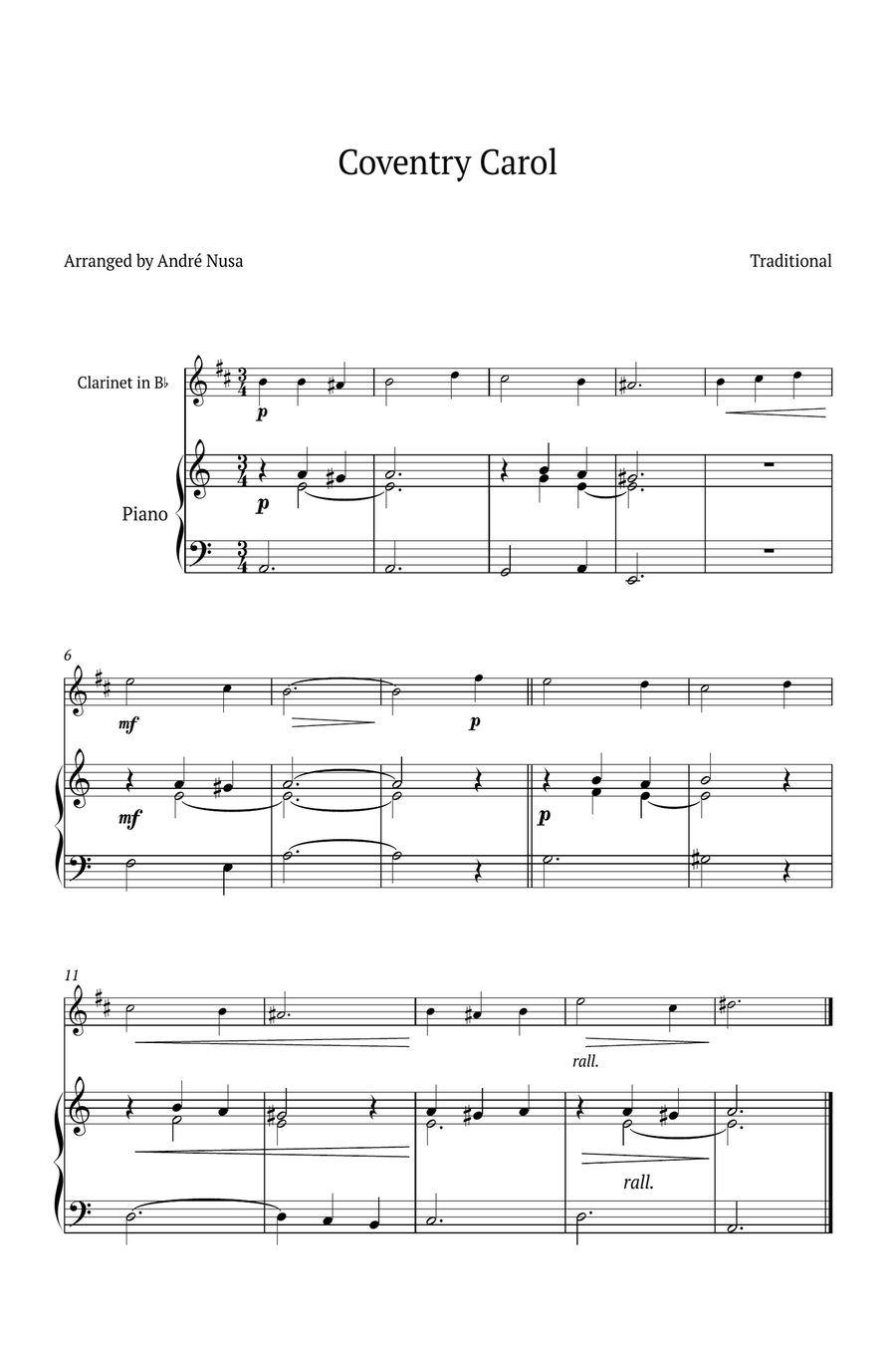 Conventry Carol B-Flat Clarinet scores gallery preview page 1