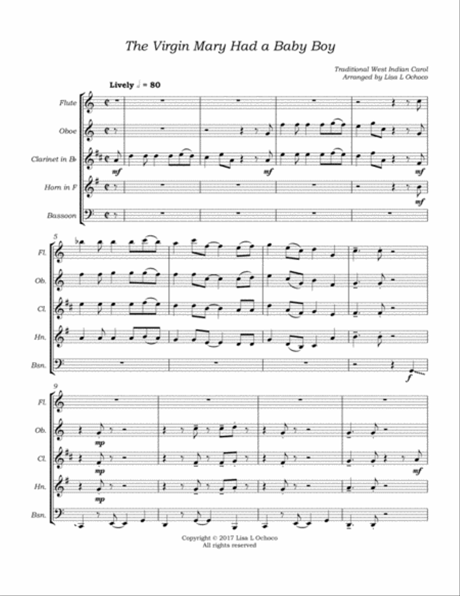 The Virgin Mary Had a Baby Boy for Woodwind Quintet Woodwind Quintet scores gallery preview page 5