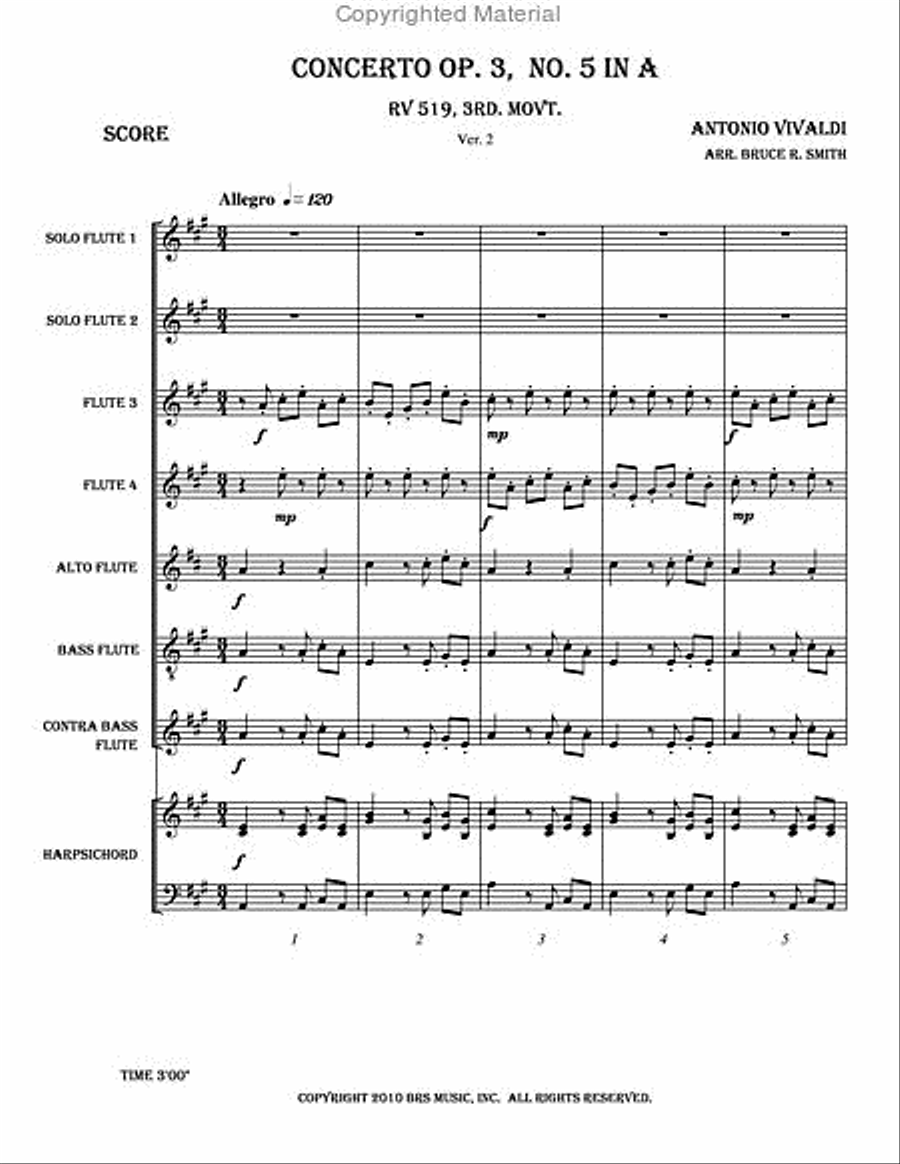 Concerto Op. 3, No. 5 in A Flute Choir scores gallery preview page 2