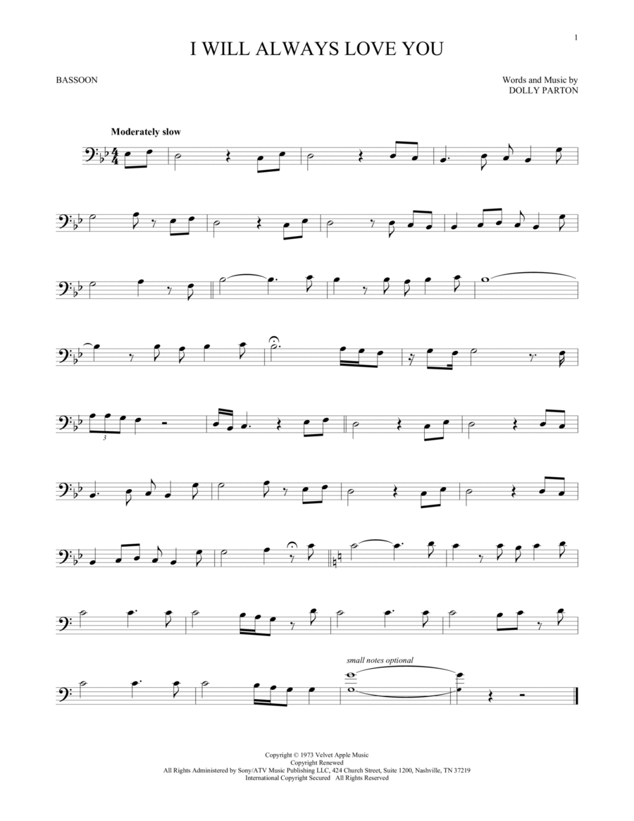 I Will Always Love You I Will Always Love You Bassoon Solo scores gallery preview page 1