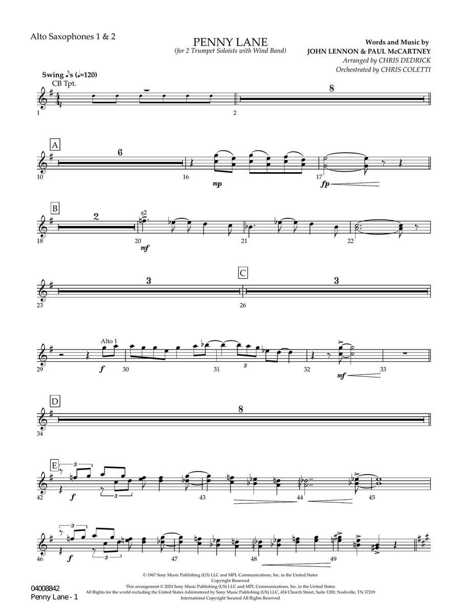 Penny Lane - Eb Alto Saxophone 1 & 2 Concert Band scores gallery preview page 1