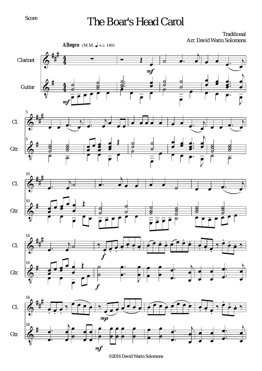 The Boar's Head Carol for clarinet and guitar Clarinet scores gallery preview page 1