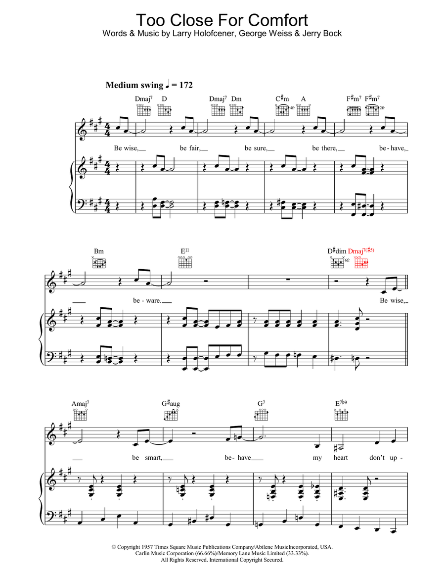 Too Close For Comfort Too Close For Comfort Piano, Vocal, Guitar scores gallery preview page 1