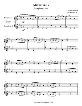 Book cover for Minuet in G for saxophone duet