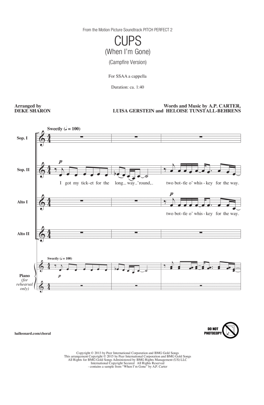 Cups (When I'm Gone) (Campfire Version) (from Pitch Perfect 2) (arr. Deke Sharon) SSA scores gallery preview page 1