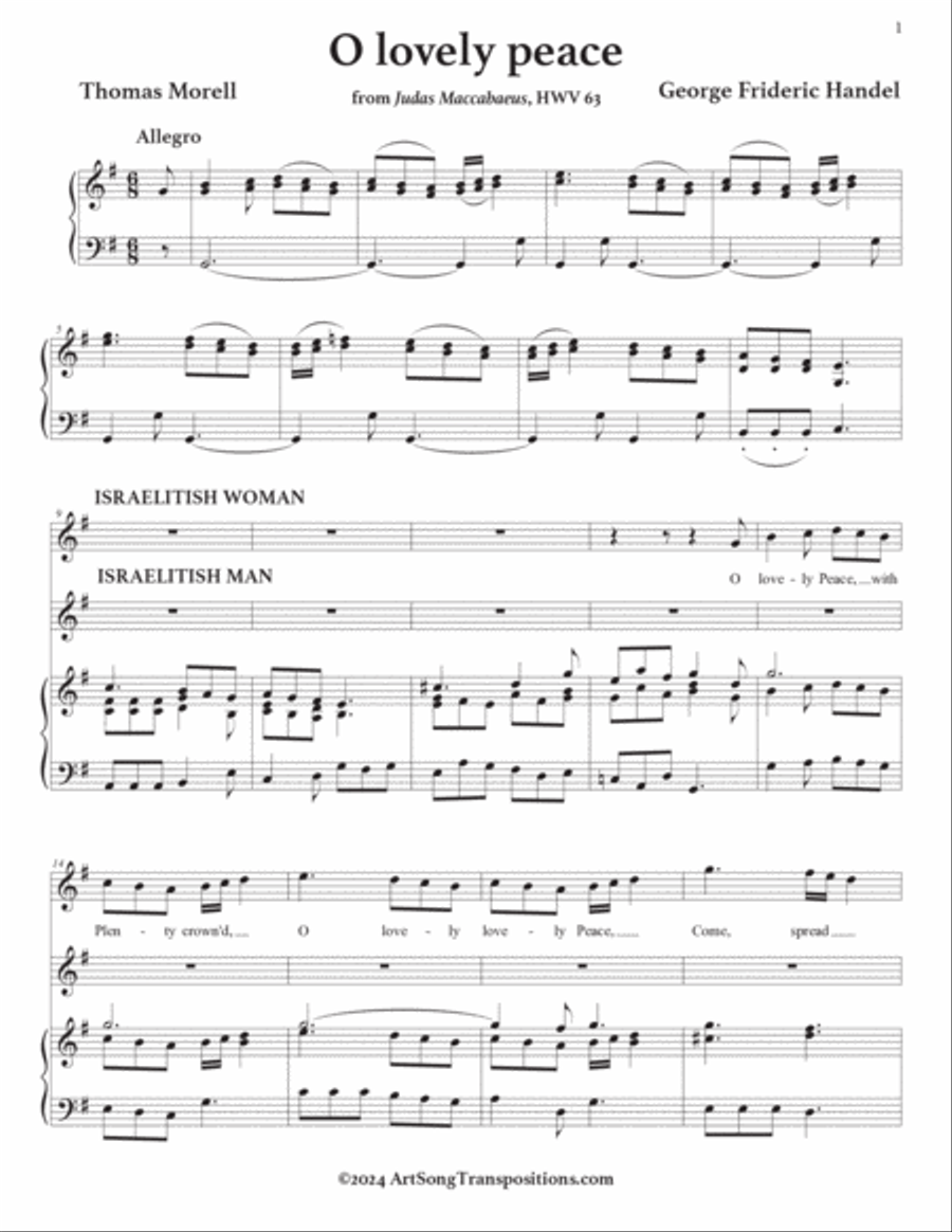 HANDEL: O lovely peace (transposed to G major) Piano scores gallery preview page 2