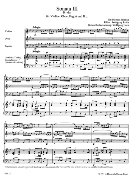 6 Sonaten fur 2 Oboen oder Violine und Oboe, Fagott (Violoncello) und Basso continuo. Heft 3 (Sonate III) B flat major ZWV 181/3