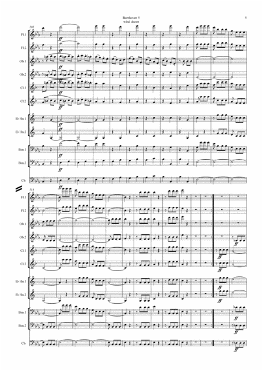Beethoven: Symphony No.5 Op.67 Mvt.I - wind dectet (and opt. double bass) Double Bass scores gallery preview page 5