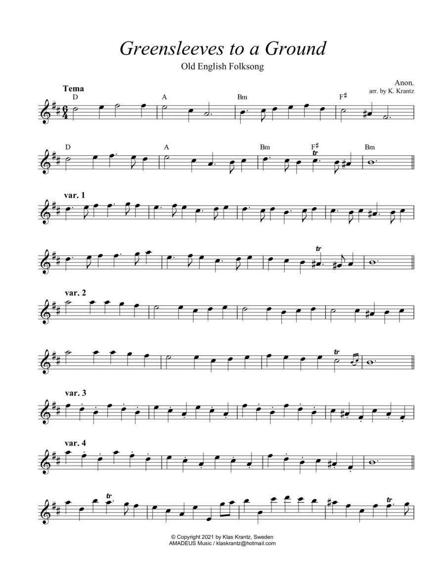 Greensleeves, lead sheet with guitar chords ( D Major) image number null