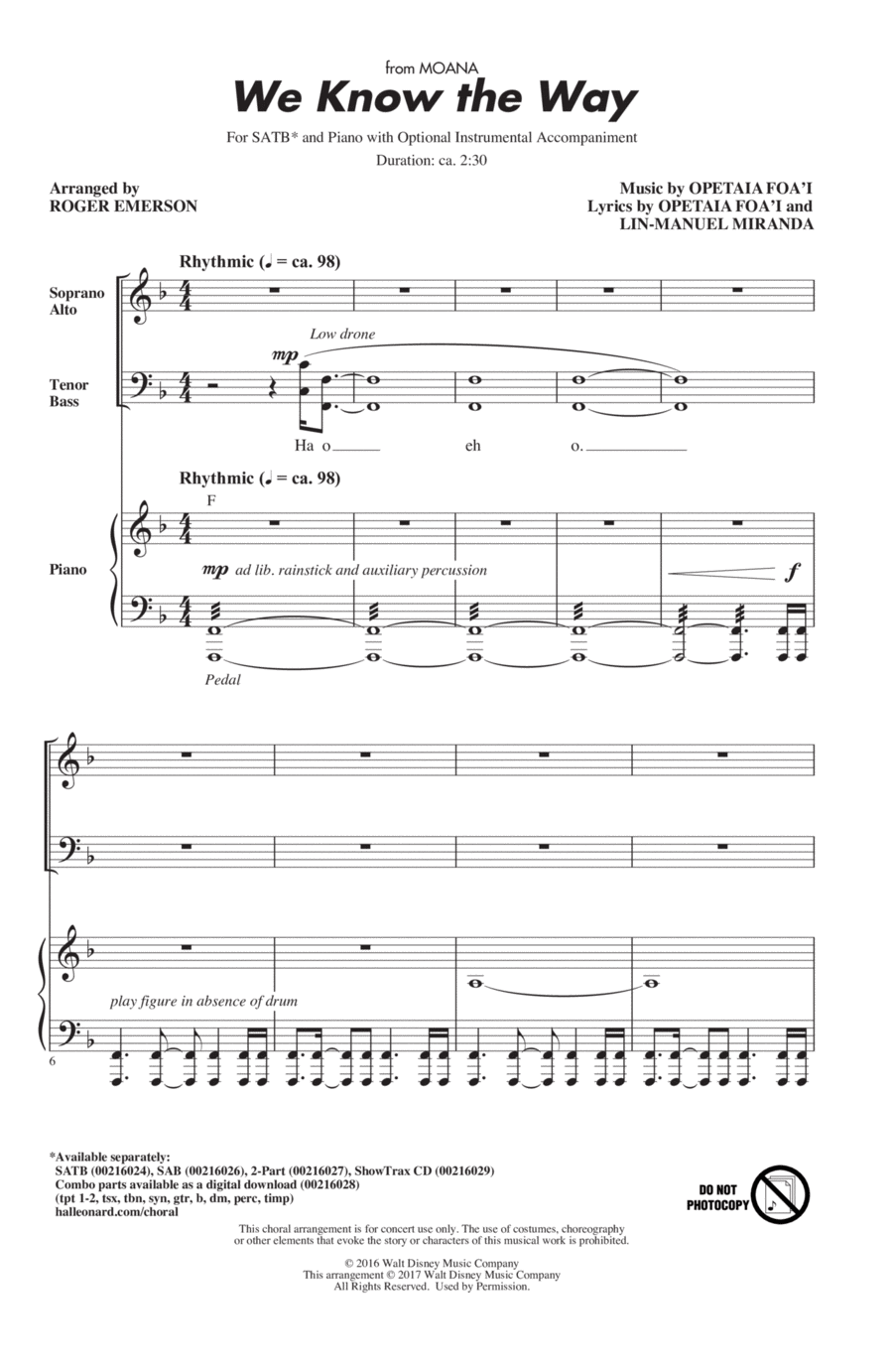 We Know The Way (from Moana) (arr. Roger Emerson) 4-Part scores gallery preview page 1