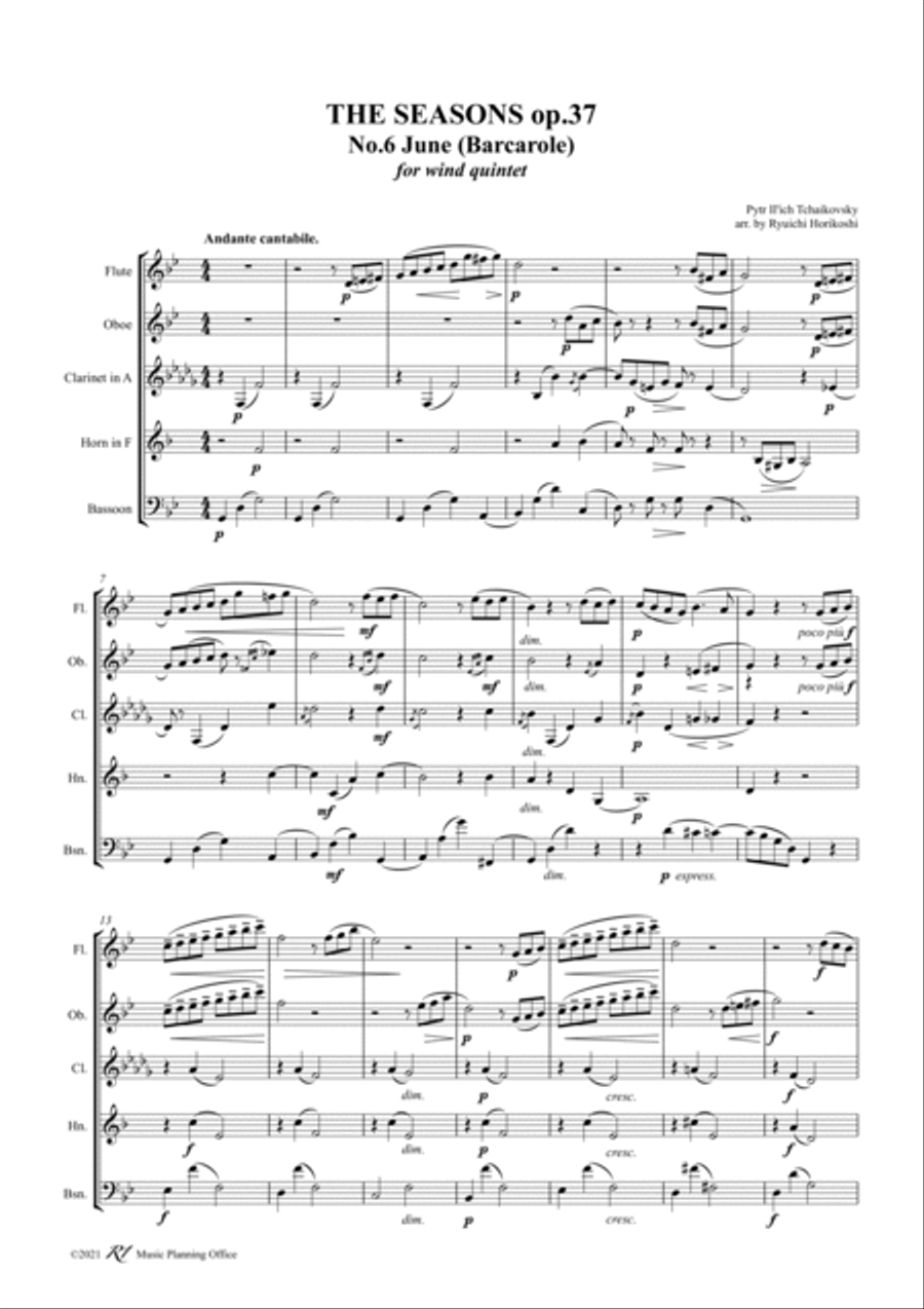 Tchaikovsky: The Seasons Op37 No.6 June (Barcarole) Woodwind Quintet scores gallery preview page 3