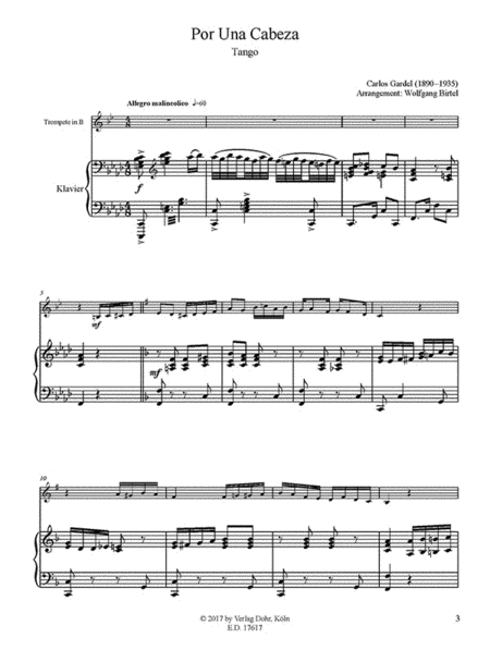 Por Una Cabeza -Tango- (für Trompete (B) und Klavier)