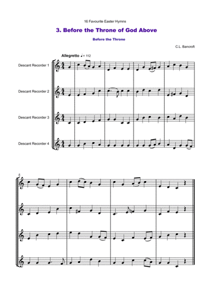 16 Favourite Easter Hymns for Descant/Soprano Recorder Quartet