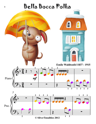 Bella Bocca Polka Beginner Piano Sheet Music with Colored Notes